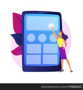Application testing. UX designer, smartphone interface, portable electronics. Male cartoon character organizing apps on mobile phone screen. Vector isolated concept metaphor illustration. Application testing vector concept metaphor