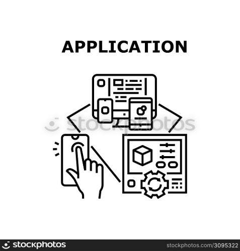 Application Vector Icon Concept. Smartphone Or Digital Tablet Application And Computer Software Settings. Touchscreen Mobile Phone Electronic Technology Using User Black Illustration. Application Vector Concept Color Illustration