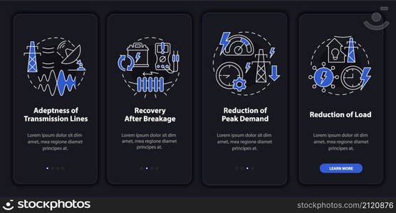 Applications of smart grid night mode onboarding mobile app screen. Power walkthrough 4 steps graphic instructions pages with linear concepts. UI, UX, GUI template. Myriad Pro-Bold, Regular fonts used. Applications of smart grid night mode onboarding mobile app screen