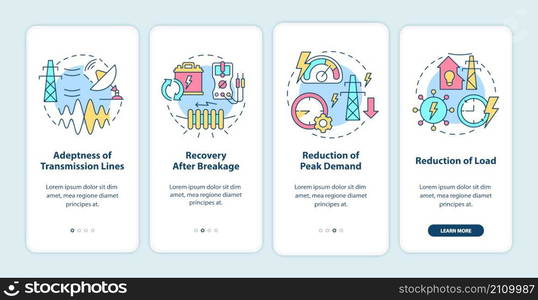 Applications of smart grid onboarding mobile app screen. Electric power walkthrough 4 steps graphic instructions pages with linear concepts. UI, UX, GUI template. Myriad Pro-Bold, Regular fonts used. Applications of smart grid onboarding mobile app screen