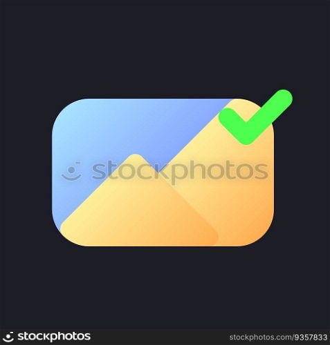 Applied photo file flat gradient fill ui icon for dark theme. Editing application. Approved image. Pixel perfect color pictogram. GUI, UX design on black space. Vector isolated RGB illustration. Applied photo file flat gradient fill ui icon for dark theme