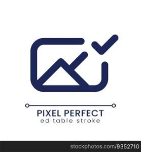Applied photo file pixel perfect linear ui icon. Editing application. Approved image. Adding content. GUI, UX design. Outline isolated user interface element for app and web. Editable stroke. Applied photo file pixel perfect linear ui icon