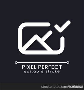 Applied photo file pixel perfect white linear ui icon for dark theme. Editing application. Approved image. Vector line pictogram. Isolated user interface symbol for night mode. Editable stroke. Applied photo file pixel perfect white linear ui icon for dark theme