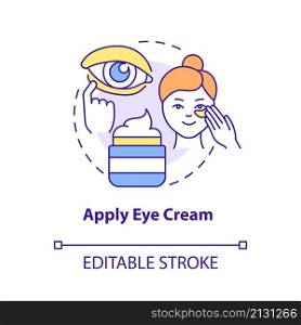 Apply eye cream concept icon. Under eye area care. Skincare routine abstract idea thin line illustration. Isolated outline drawing. Editable stroke. Roboto-Medium, Myriad Pro-Bold fonts used. Apply eye cream concept icon