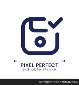 Apply saving pixel perfect linear ui icon. Successful data record. Work backed up. Ready to use. GUI, UX design. Outline isolated user interface element for app and web. Editable stroke. Apply saving pixel perfect linear ui icon