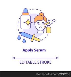 Apply serum concept icon. Skincare routine product. Everyday beauty procedure abstract idea thin line illustration. Isolated outline drawing. Editable stroke. Roboto-Medium, Myriad Pro-Bold fonts used. Apply serum concept icon