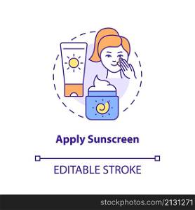 Apply sunscreen concept icon. Protect skin from ultraviolet. Skincare routine abstract idea thin line illustration. Isolated outline drawing. Editable stroke. Roboto-Medium, Myriad Pro-Bold fonts used. Apply sunscreen concept icon