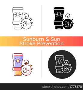 Apply sunscreen every 2 hours icon. Sunblock lotion application tip. Cream for sunburn prevention during summer heatwave. Linear black and RGB color styles. Isolated vector illustrations. Apply sunscreen every 2 hours icon