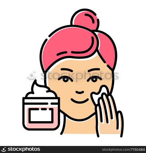 Applying cream color icon. Skin care procedure. Facial beauty treatment. Face product for lifting and exfoliating effect. Dermatology, cosmetics, makeup. Isolated vector illustration