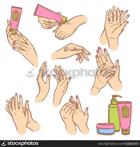 Applying cream hands flat icons composition. Daily hand cream application procedure steps pictograms set for women flat icons composition abstract isolated vector illustration