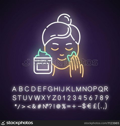 Applying cream neon light icon. Skin care procedure. Facial beauty treatment. Dermatology, cosmetics, makeup. Glowing sign with alphabet, numbers and symbols. Vector isolated illustration