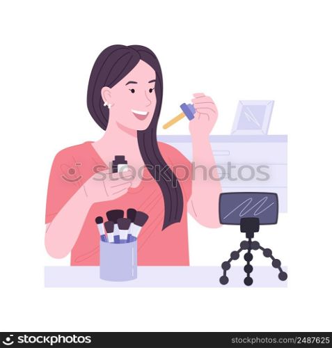 Applying essential oils isolated cartoon vector illustrations. Young girl takes oil from pipette and recording video for her beauty blog, people lifestyle, appearance treatment vector cartoon.. Applying essential oils isolated cartoon vector illustrations.