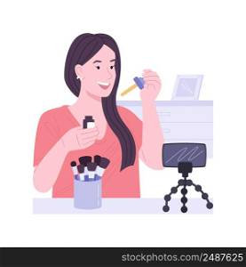 Applying essential oils isolated cartoon vector illustrations. Young girl takes oil from pipette and recording video for her beauty blog, people lifestyle, appearance treatment vector cartoon.. Applying essential oils isolated cartoon vector illustrations.