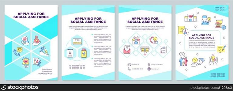 Applying for social assistance brochure template. Program and service. Leaflet design with linear icons. 4 vector layouts for presentation, annual reports. Arial-Black, Myriad Pro-Regular fonts used. Applying for social assistance brochure template