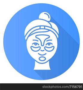 Applying hydrogel patches blue flat design long shadow glyph icon. Skin care procedure. Blackheads removal. Gel mask Facial beauty treatment. Face product. Vector silhouette illustration