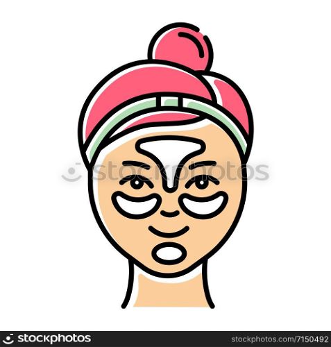Applying hydrogel patches color icon. Skin care procedure. Blackheads removal. Gel mask Facial beauty treatment. Face product. Dermatology, cosmetics, makeup. Isolated vector illustration