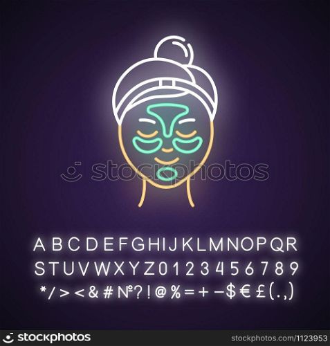 Applying hydrogel patches neon light icon. Skin care procedure. Blackheads removal. Gel mask. Dermatology, cosmetics. Glowing sign with alphabet, numbers and symbols. Vector isolated illustration
