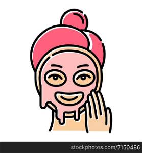 Applying liquid mask color icon. Skin care procedure. Facial beauty treatment. Face product for lifting and exfoliating effect. Dermatology, cosmetics, makeup. Isolated vector illustration