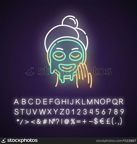 Applying liquid mask neon light icon. Skin care procedure. Facial beauty treatment. Dermatology, cosmetics, makeup. Glowing sign with alphabet, numbers and symbols. Vector isolated illustration