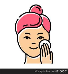 Applying moisturizer color icon. Skincare procedure. Facial beauty treatment. Cleansing effect for healthy skin. Makeup removal. Dermatology, cosmetics. Girl smiling. Isolated vector illustration