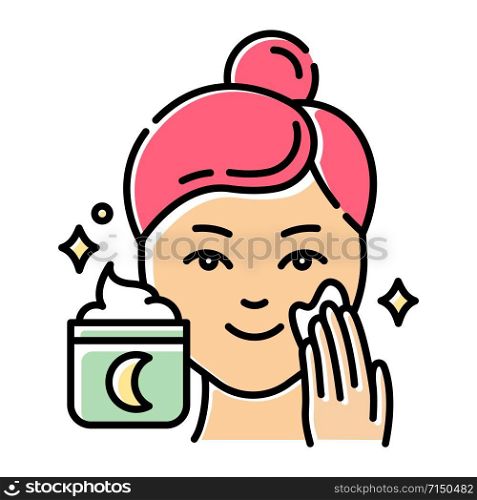 Applying night cream color icon. Skin care procedure. Facial treatment product. Sleeping cream for evening beauty routine. Dermatology, cosmetics, makeup. Isolated vector illustration