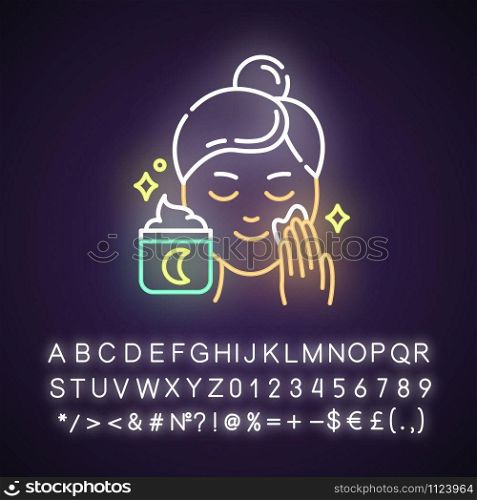 Applying night cream neon light icon. Skin care procedure. Facial treatment. Sleeping cream. Dermatology, cosmetics. Glowing sign with alphabet, numbers and symbols. Vector isolated illustration