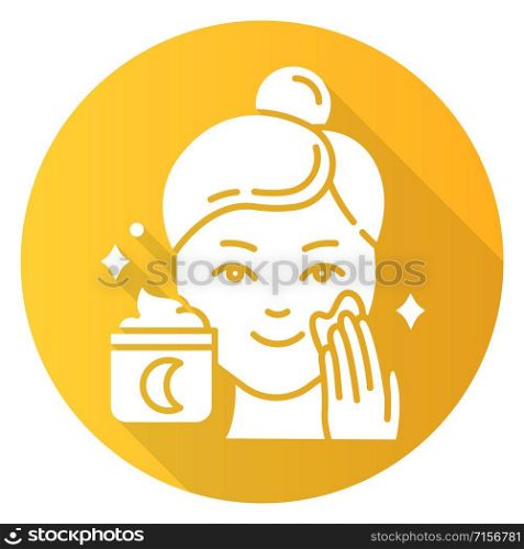 Applying night cream yellow flat design long shadow glyph icon. Skin care procedure. Facial treatment product. Sleeping cream for evening beauty routine. Vector silhouette illustration