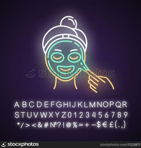 Applying peel-off mask neon light icon. Skin care procedure. Facial beauty treatment. Dermatology, cosmetics, makeup. Glowing sign with alphabet, numbers and symbols. Vector isolated illustration