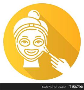 Applying peel-off mask yellow flat design long shadow glyph icon. Skin care procedure. Facial beauty treatment. Face product for lifting and exfoliating effect. Vector silhouette illustration