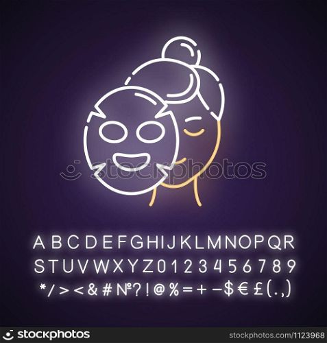 Applying sheet mask neon light icon. Skin care procedure. Hydrogen mask. Face cotton product. Cosmetics, makeup. Glowing sign with alphabet, numbers and symbols. Vector isolated illustration