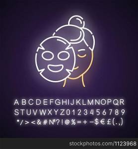 Applying sheet mask neon light icon. Skin care procedure. Hydrogen mask. Face cotton product. Cosmetics, makeup. Glowing sign with alphabet, numbers and symbols. Vector isolated illustration