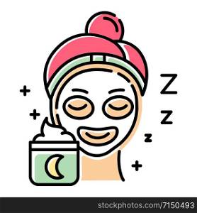 Applying sleeping cream color icon. Skin care procedure. Facial treatment. Night cream for relaxation. Everyday beauty routine step. Dermatology, cosmetics, makeup. Isolated vector illustration