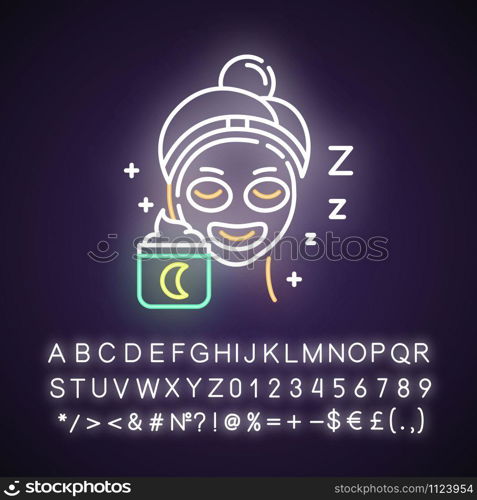 Applying sleeping cream neon light icon. Skin care procedure. Facial treatment. Night cream. Dermatology, cosmetics. Glowing sign with alphabet, numbers and symbols. Vector isolated illustration