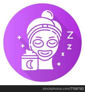 Applying sleeping cream purple flat design long shadow glyph icon. Skin care procedure. Facial treatment. Night cream for relaxation. Everyday beauty routine step. Vector silhouette illustration