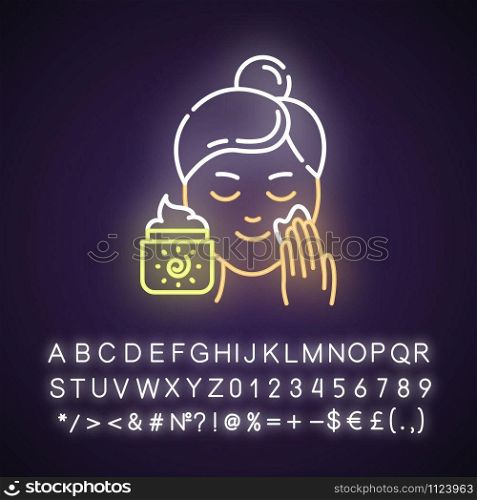 Applying sunscreen neon light icon. Face sun protection. Skin care procedure. Cream to avoid sunburn. Cosmetics, makeup. Glowing sign with alphabet, numbers and symbols. Vector isolated illustration
