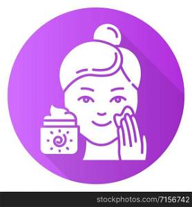 Applying sunscreen purple flat design long shadow glyph icon. Face sun protection. Skin care procedure. Facial beauty treatment. Cream product to avoid sunburn. Vector silhouette illustration