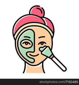 Applying thermal mask color icon. Skin care procedure. Facial beauty treatment to open up pores. Face product for cleansing effect. Dermatology, cosmetics, makeup. Isolated vector illustration