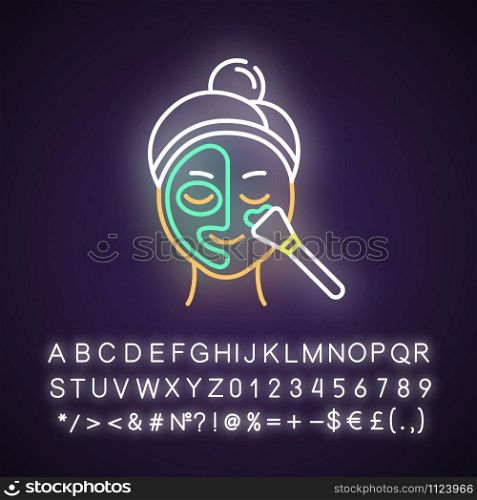 Applying thermal mask neon light icon. Skin care procedure. Face product for cleansing. Dermatology, cosmetics, makeup. Glowing sign with alphabet, numbers and symbols. Vector isolated illustration