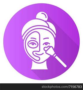 Applying thermal mask purple flat design long shadow glyph icon. Skin care procedure. Facial beauty treatment to open up pores. Face product for cleansing effect. Vector silhouette illustration