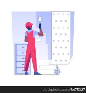 Applying wallpapers isolated concept vector illustration. Contractor applying wall coverings with glue and brush, house building, residential construction, rough interior works vector concept.. Applying wallpapers isolated concept vector illustration.