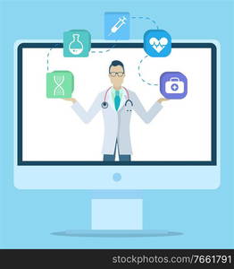 Appointment for consultation and determination of disease through computer. Doctor examine patients remotely. Medical web application on your device. Vector illustration of online medicine in flat. Doctor in Medical App on Computer, Online Medicine