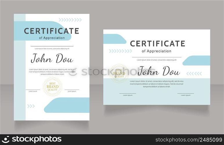 Appreciation certificate design template set. Vector diploma with customized copyspace and borders. Printable document for awards and recognition. Kanit, Cabin, Dancing Script Bold, Regular fonts used. Appreciation certificate design template set