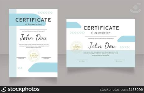 Appreciation certificate design template set. Vector diploma with customized copyspace and borders. Printable document for awards and recognition. Kanit, Cabin, Dancing Script Bold, Regular fonts used. Appreciation certificate design template set