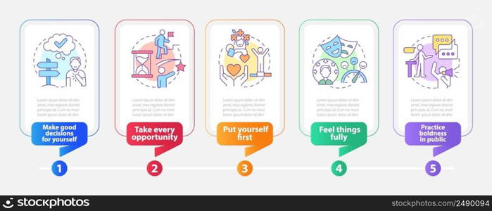 Approaches to self love rectangle infographic template. Data visualization with 5 steps. Process timeline info chart. Workflow layout with line icons. Myriad Pro-Bold, Regular fonts used. Approaches to self love rectangle infographic template