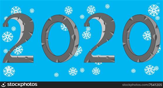 Approaching holiday new 2020 on turn blue background with snowflake. Year 2020 on turn blue background and snowflakes
