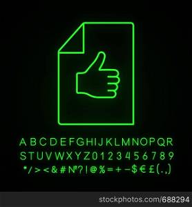 Approval document neon light icon. Best mark. Excellent review. Approval and like sign. Glowing sign with alphabet, numbers and symbols. Paper sheet with thumbs up. Vector isolated illustration. Approval document neon light icon