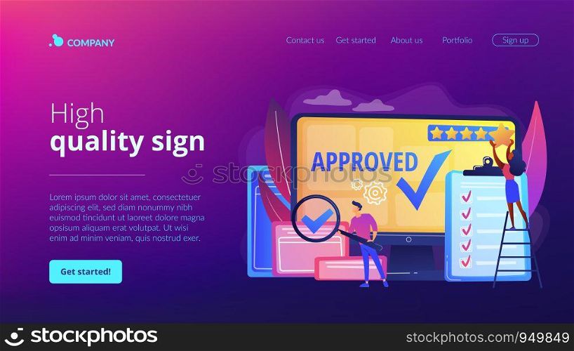 Approval mark. Product advantage. Rating and reviews. Meeting requirements. High quality sign, quality control sign, quality assurance sign concept. Website homepage landing web page template.. High quality sign concept landing page
