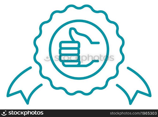Approval or certificate of premium quality, recommendation or best review of natural organic product. Isolated icon or sign with ribbons and thumb up like. Line art, simple vector in flat style. Certificate or recommendation of organic product