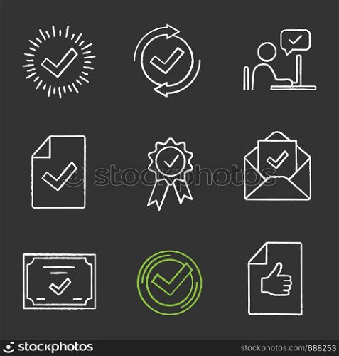 Approve chalk icons set. Check mark, testing, approved chat, document verification, award medal, email confirmation, certificate, quality badge, review. Isolated vector chalkboard illustrations. Approve chalk icons set