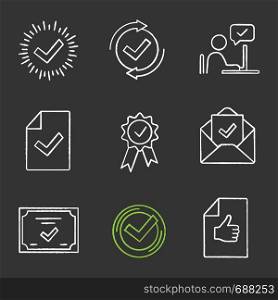 Approve chalk icons set. Check mark, testing, approved chat, document verification, award medal, email confirmation, certificate, quality badge, review. Isolated vector chalkboard illustrations. Approve chalk icons set